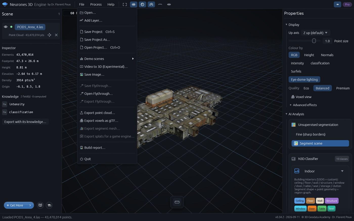 The File menu of Neurones 3D open: Open, Add Layer, Save Project, Save Project As, Open Project, Demo scenes, Video to 3D, Save Image, flythrough and export entries, Build report and Quit