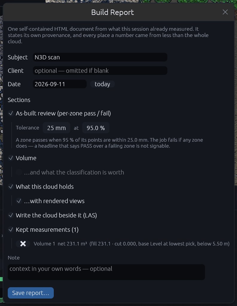 The Build Report window: subject, client and date, the sections to include, the option to write the cloud beside the report, and the kept measurements