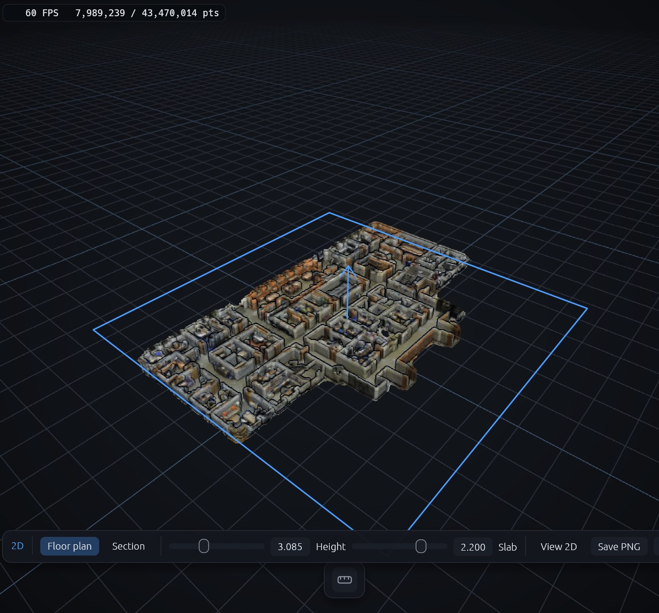 The 2-D section tool: a horizontal slab through the scan with the Floor plan and Section chips, height and slab sliders, and View 2D