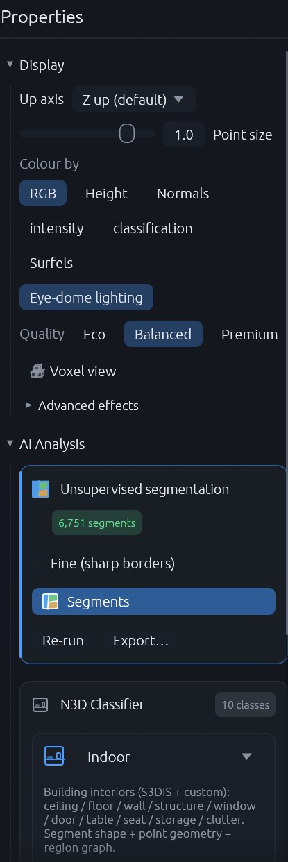 The AI Analysis card with Unsupervised segmentation: the Fine (sharp borders) preset, Segment scene, Re-run and Export