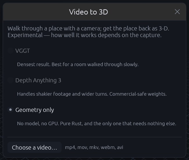 The Video to 3D window: the three engines VGGT, Depth Anything 3 and Geometry only, and Choose a video